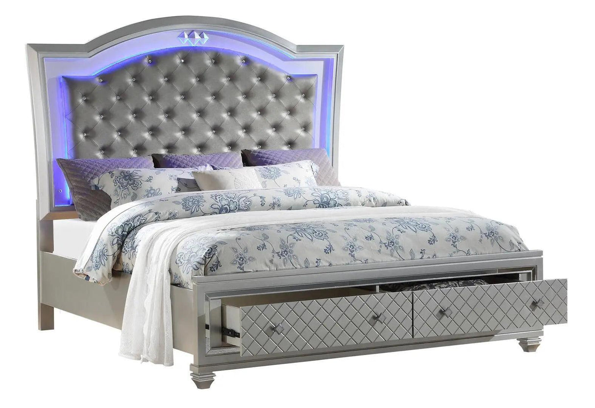 Shiney Silver Finish Bedroom Set with LED Headboard & Storage