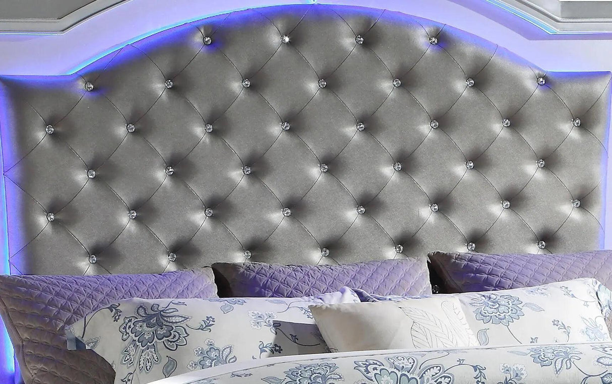 Shiney Silver Finish Bedroom Set with LED Headboard & Storage