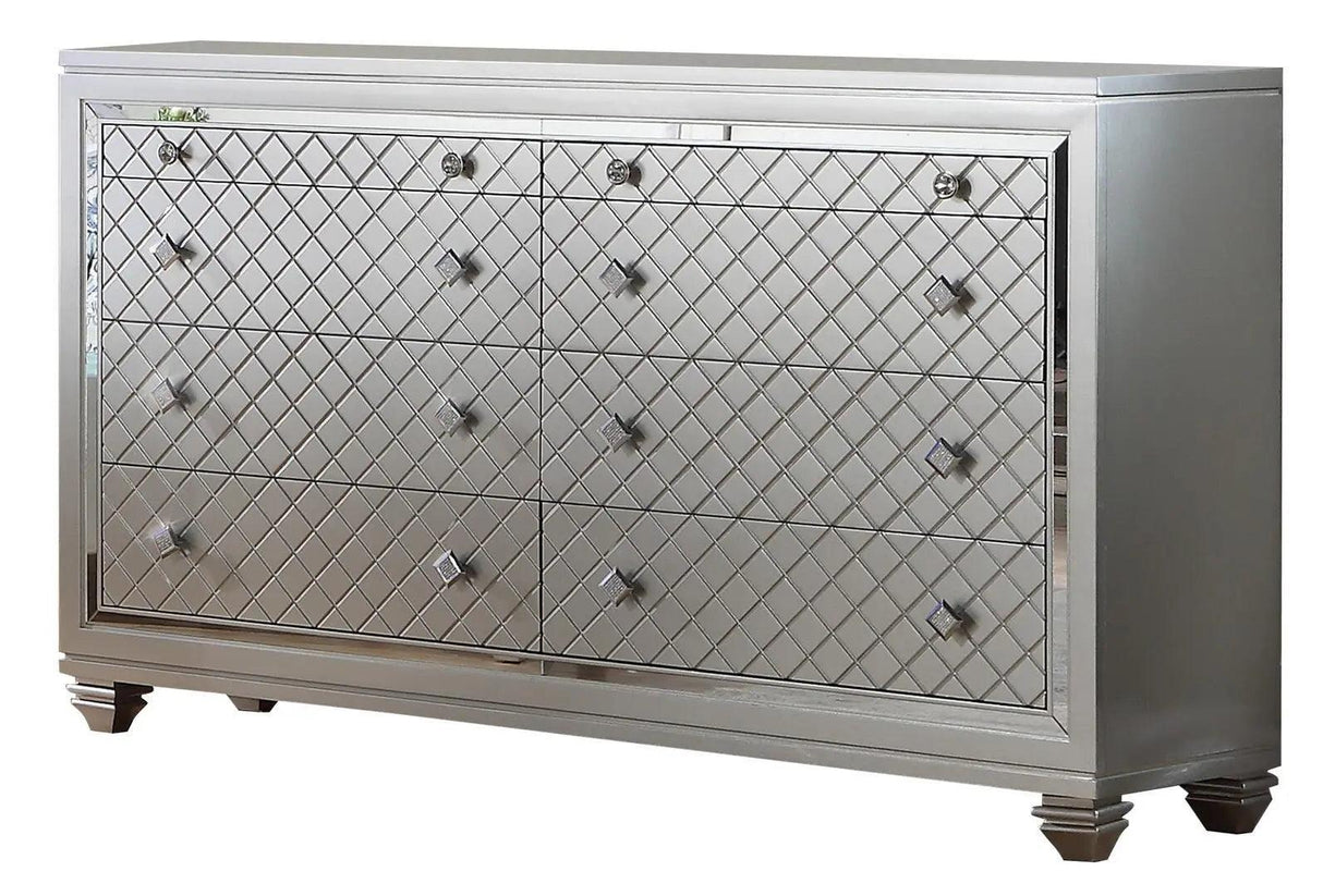 Shiney Silver Finish Bedroom Set with LED Headboard & Storage