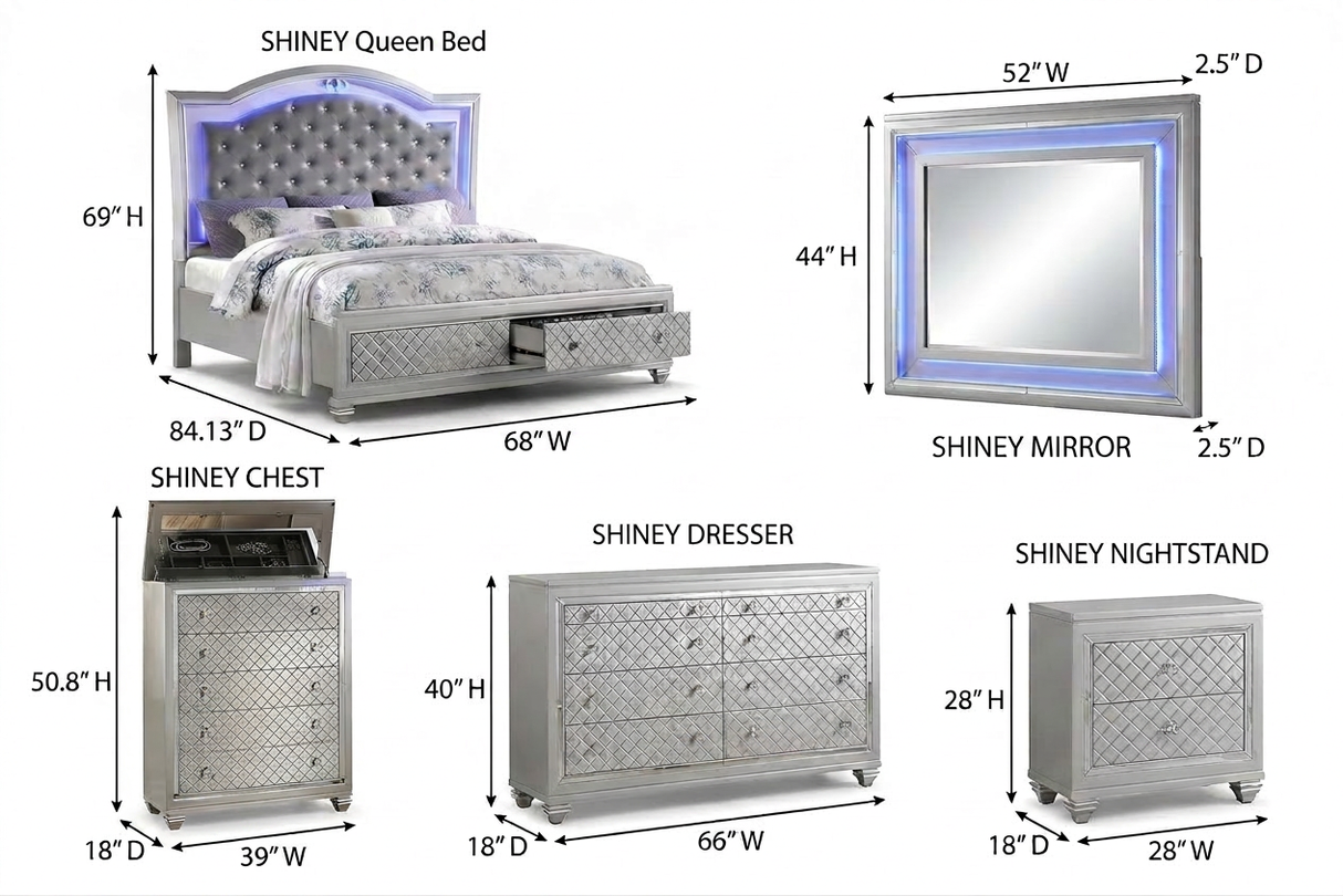 Shiney Silver Finish Bedroom Set with LED Headboard & Storage