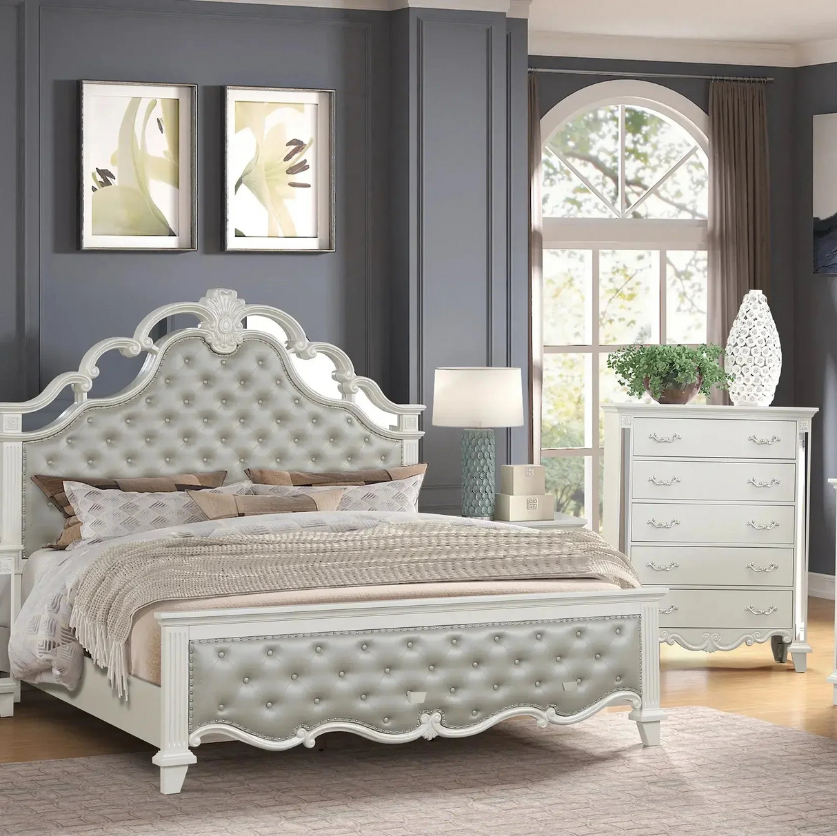 Elegant Sonia 5-Piece Contemporary Silver Tufted Pearl Bedroom Collection