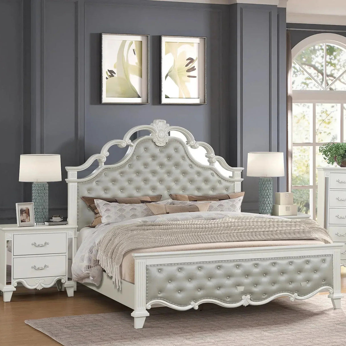 Elegant Sonia 5-Piece Contemporary Silver Tufted Pearl Bedroom Collection