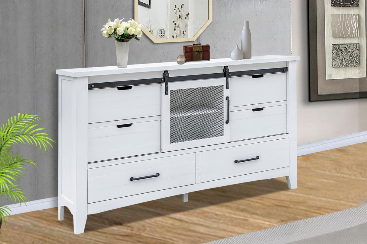 Stockton Vintage White Bedroom Set with Bed, Dresser, Mirror & Chest