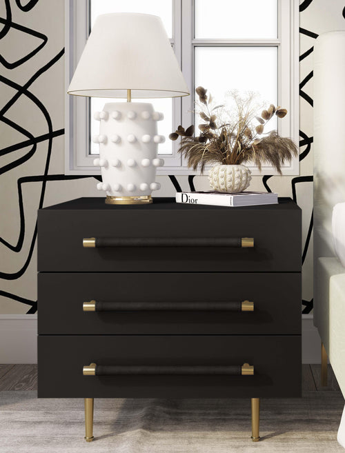 Trident Nightstand with Three Soft-Close Drawers & Brass Accents - Modern Minimalist Acacia & Iron