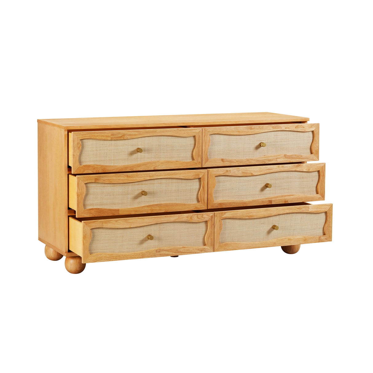 Grappa 62" Natural Wood & Raffia Wavy 6-Drawer Dresser