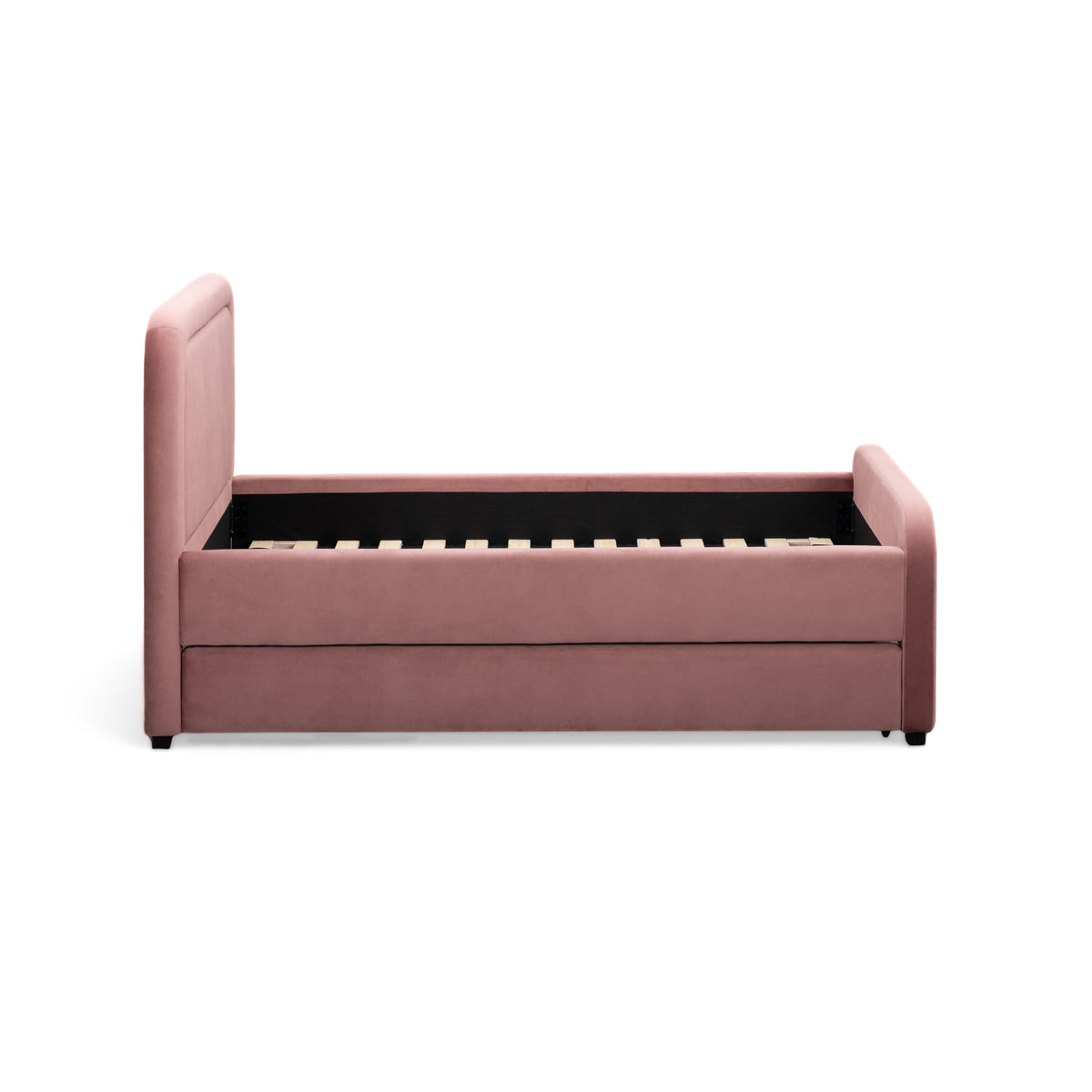 Pull-out trundle unit gliding on smooth casters beneath the main twin bed frame