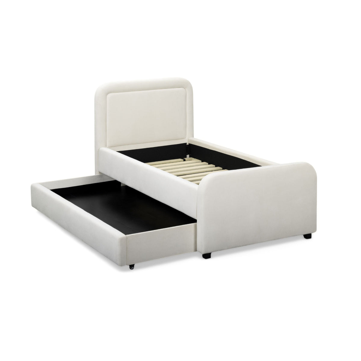 Briella Velvet Trundle Bed frame during pull-out extension mechanism demonstration