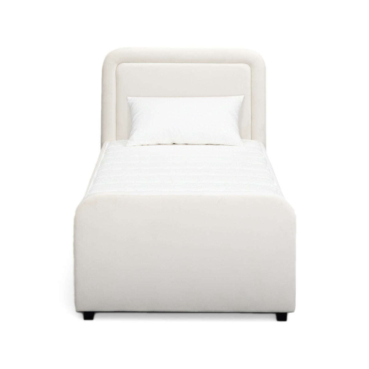Full room view showing the Briella Performance Velvet Bed in an open concept layout