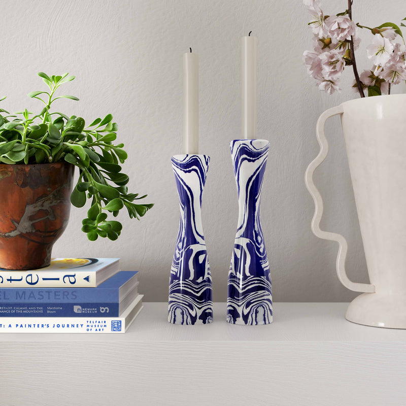 Serene Blue & White Swirl Resin Candlestick