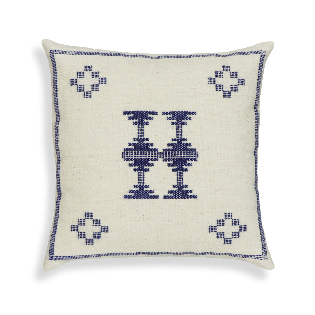 Aztec 20" Cream & Indigo Wool Square Accent Cushion Cover
