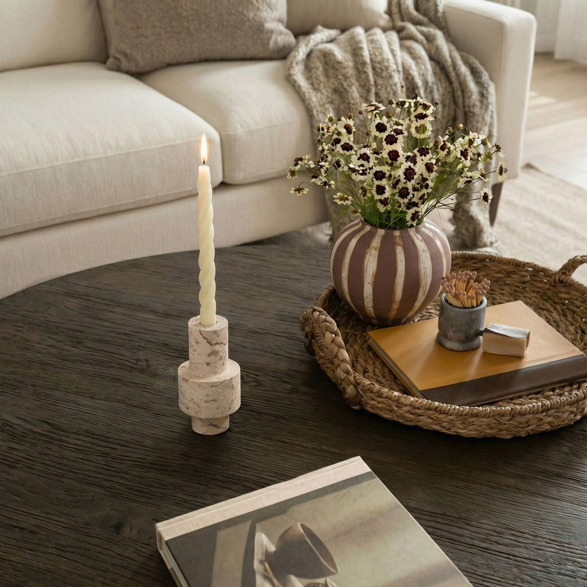 Natural Travertine Turned Candle Holder - View 2