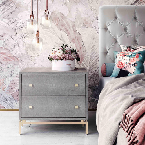 Pesce Shagreen Nightstand with Two Drawers & Brass Legs - Contemporary Glam in Cherry Wood Stain