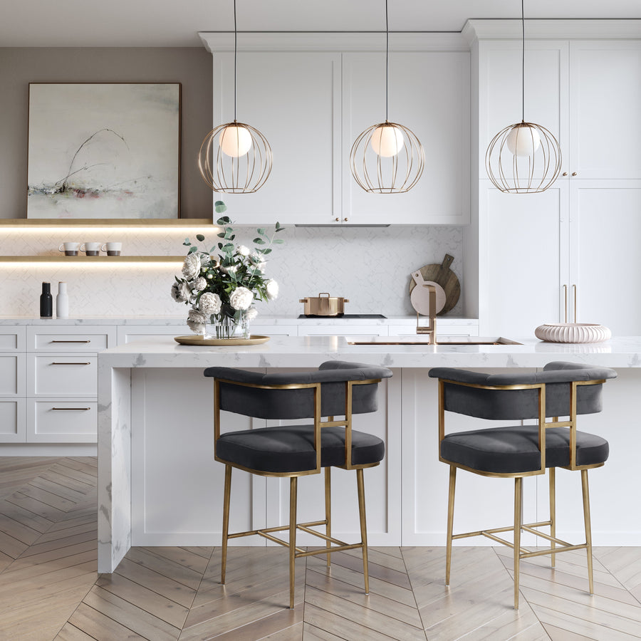 Astrid Velvet Stool with Antique Brass Frame - Modern Glam Counter or Bar Height Seating