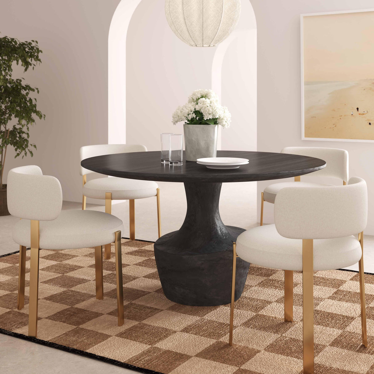 Gevra 54" Black Acacia & Faux Plaster Round Dining Table