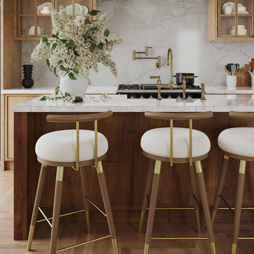 Juniper Velvet Stool with Ash Wood Frame & Iron Accents - Minimalist Counter or Bar Height in Cream