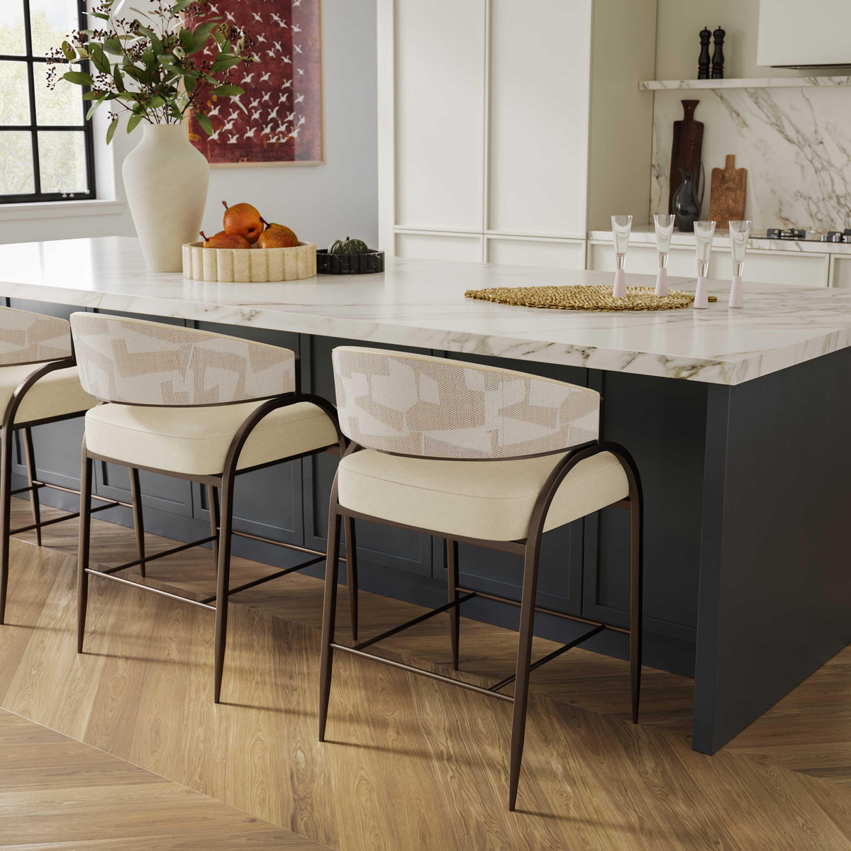 Tatum Cream 2-Tone Performance Vegan Leather and Jacquard Counter Stool - View 2
