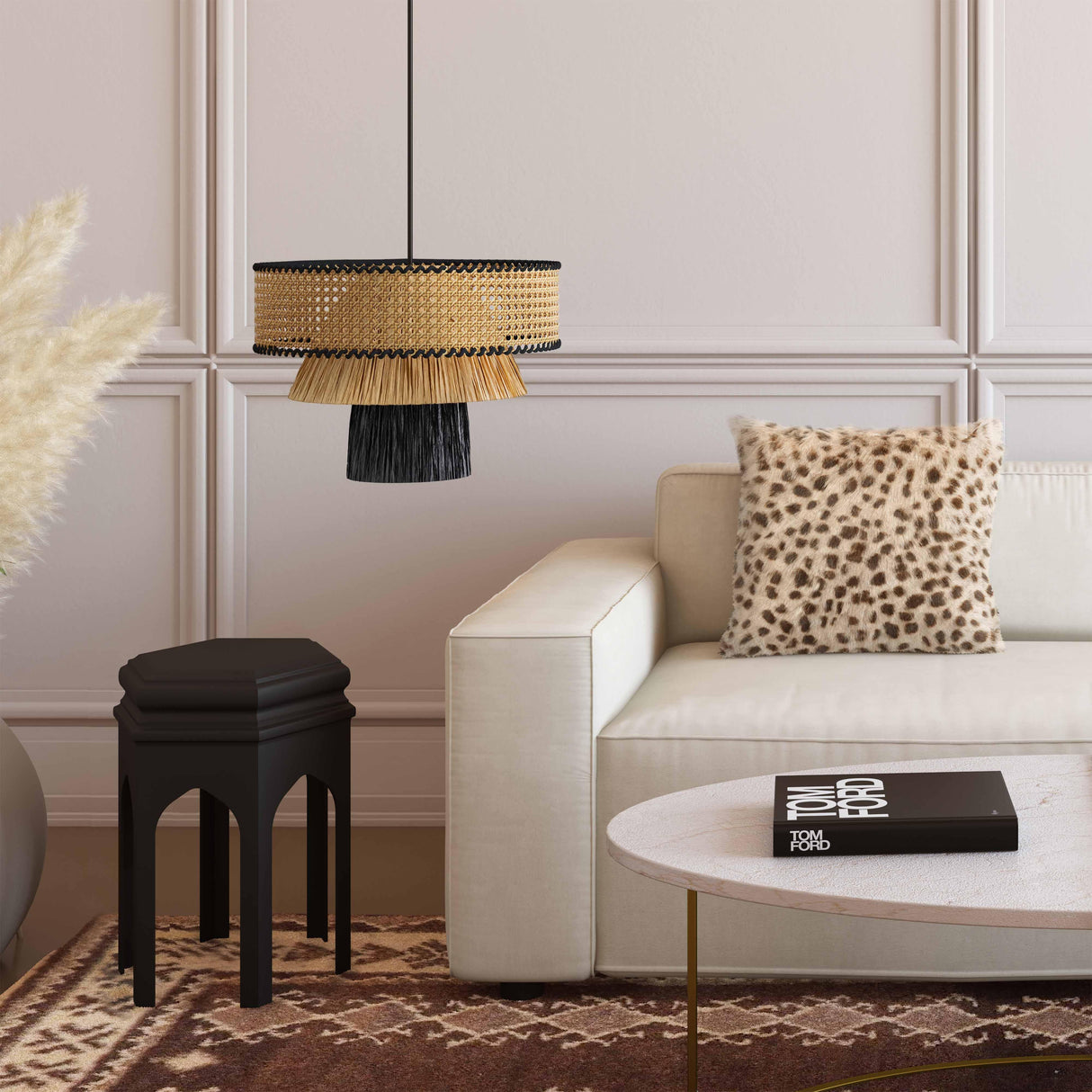 Rylie Natural & Black Raffia Pendant Lamp