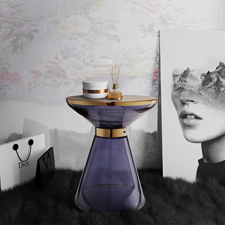 Coral Side Table with Gold Top & Transparent Blue Glass Base - Modern Glam Hourglass Accent Table