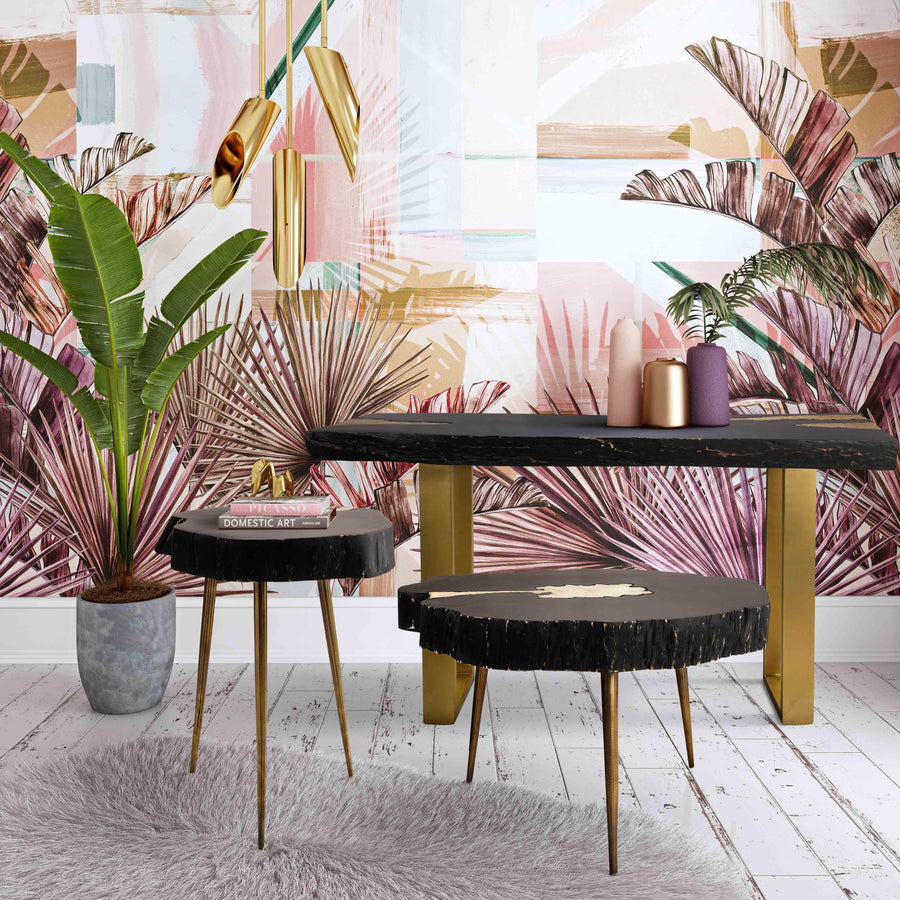 Timber Side Table with Brass-Filled Wood Knots - Glam Rustic Solid Acacia Accent Table