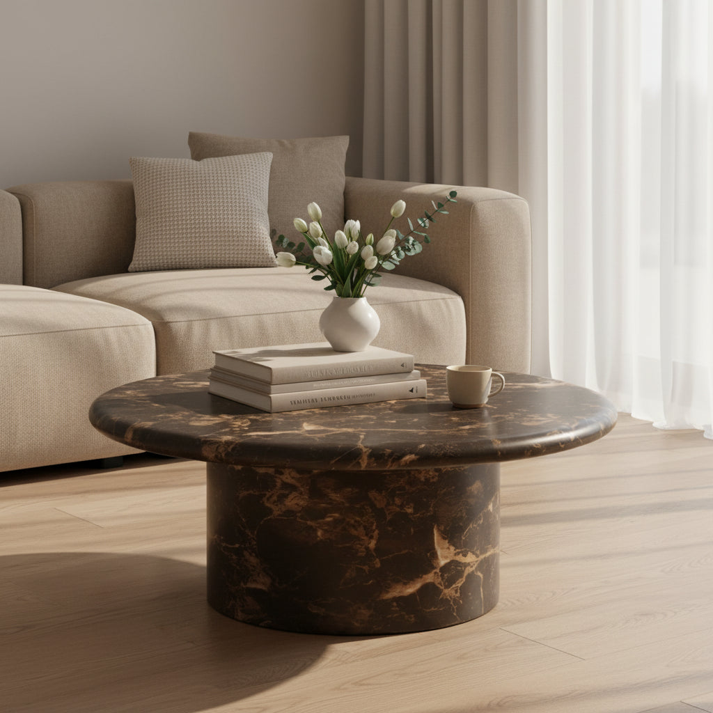 Byron 36" Dark Brown Faux Marble Indoor/Outdoor Concrete Round Coffee Table