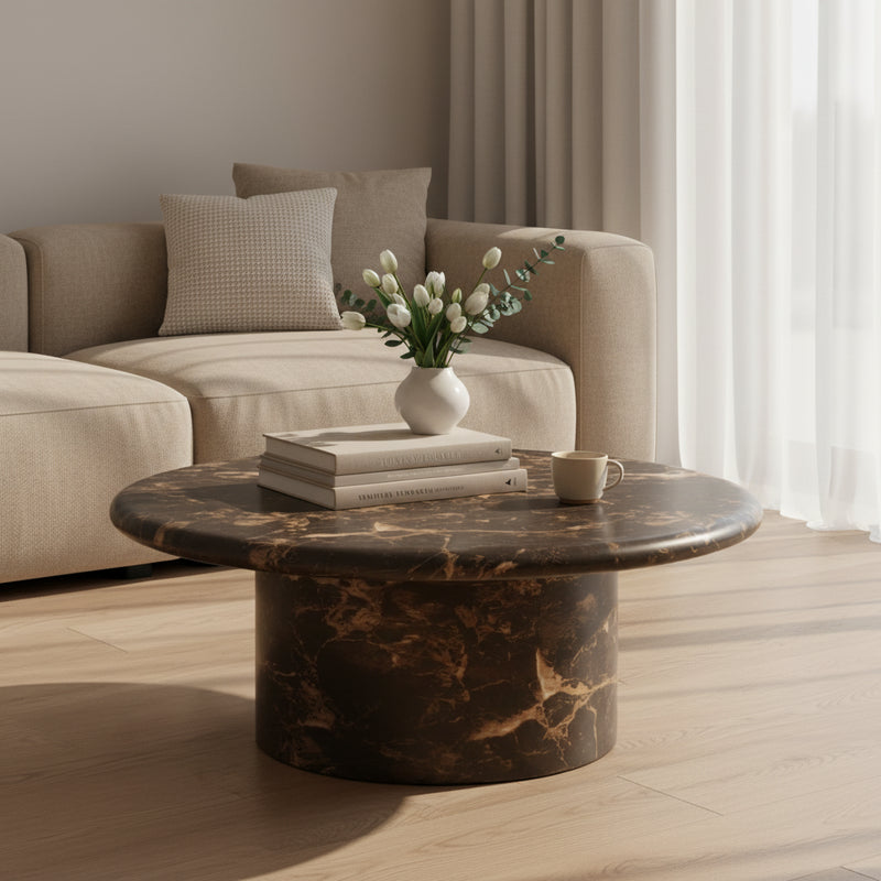 Byron 36" Dark Brown Faux Marble Indoor/Outdoor Concrete Round Coffee Table