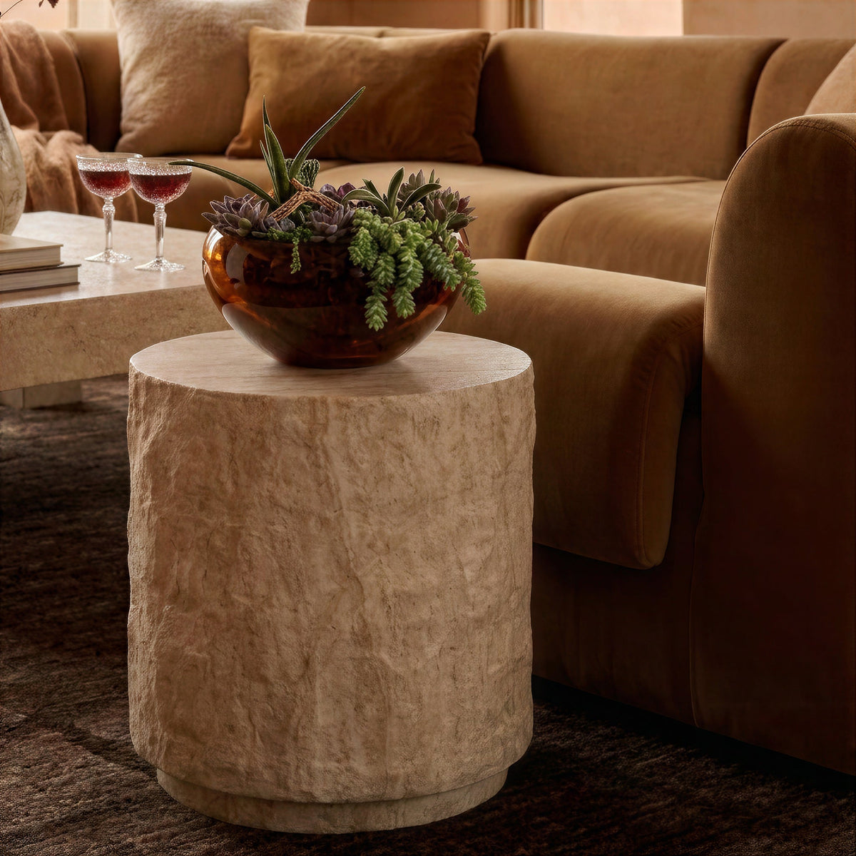 Roxanne Faux Travertine Indoor/Outdoor Concrete Side Table - View 2