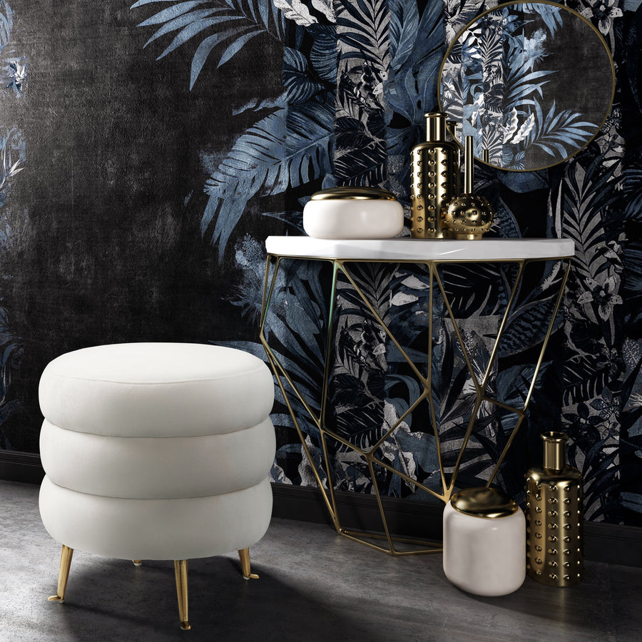 Ladder Velvet Ottoman with Brushed Gold Legs - Contemporary Glam Accent Stool in Cream