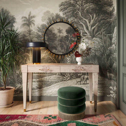 Lakka Velvet Ottoman with Vegan Leather Piping & Tasseled Base - Retro Modern Accent Footstool