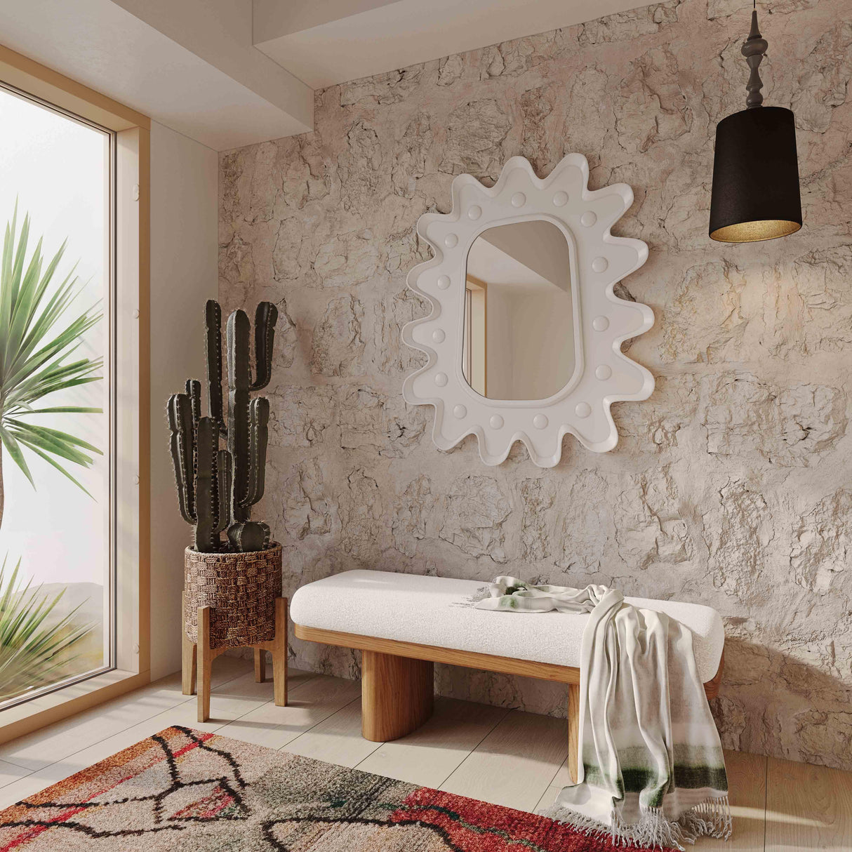 Ollie 48" White Performance Boucle Wooden Bench