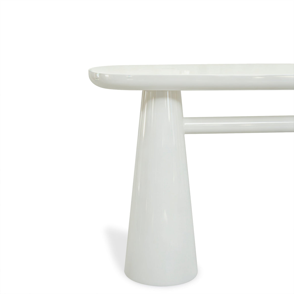 Overhead angle of cream high-gloss lacquer console table surface