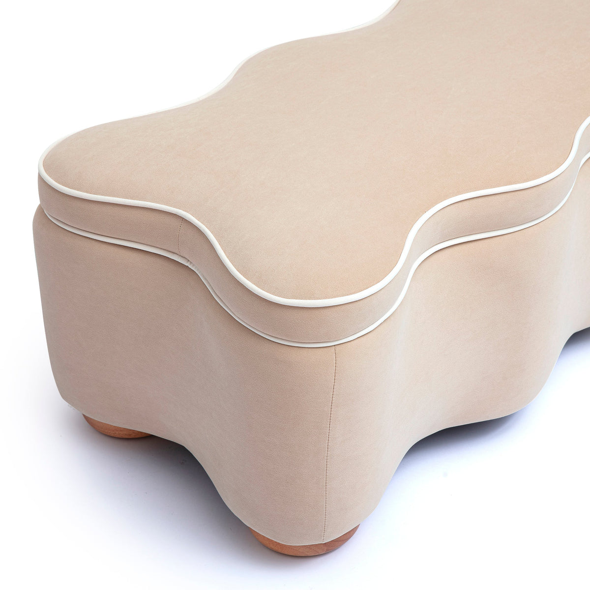 Thalia tan velvet storage bench with solid wood cylindrical legs