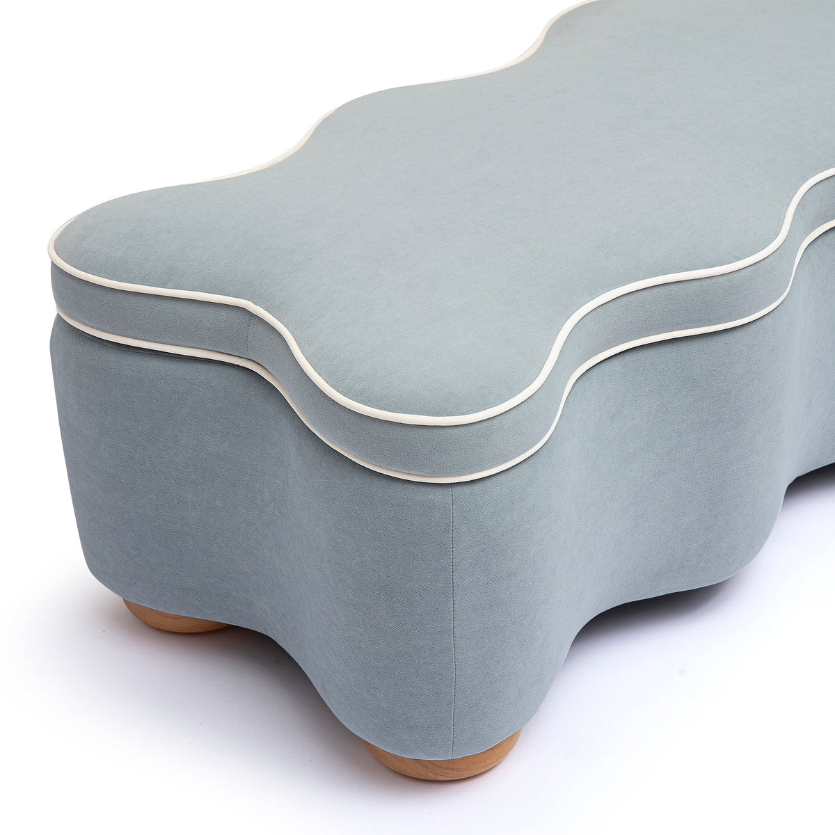 Blue Thalia storage bench with lid open showing hidden organization space