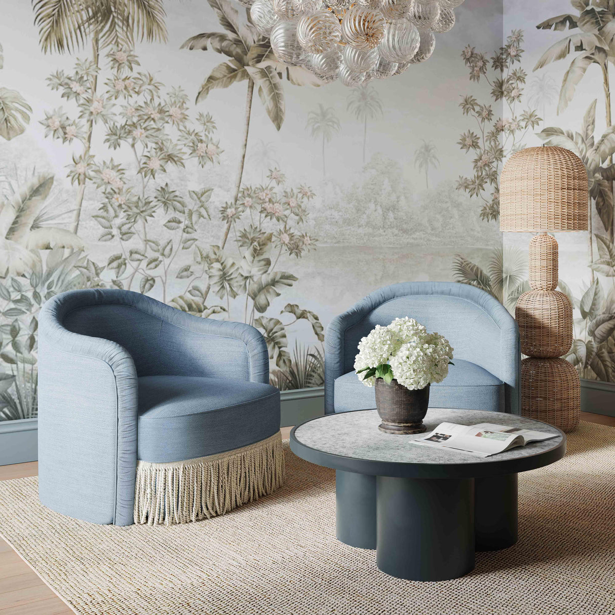 Pamela Faded Blue Recycled Fabric Tassel Lounge Chair