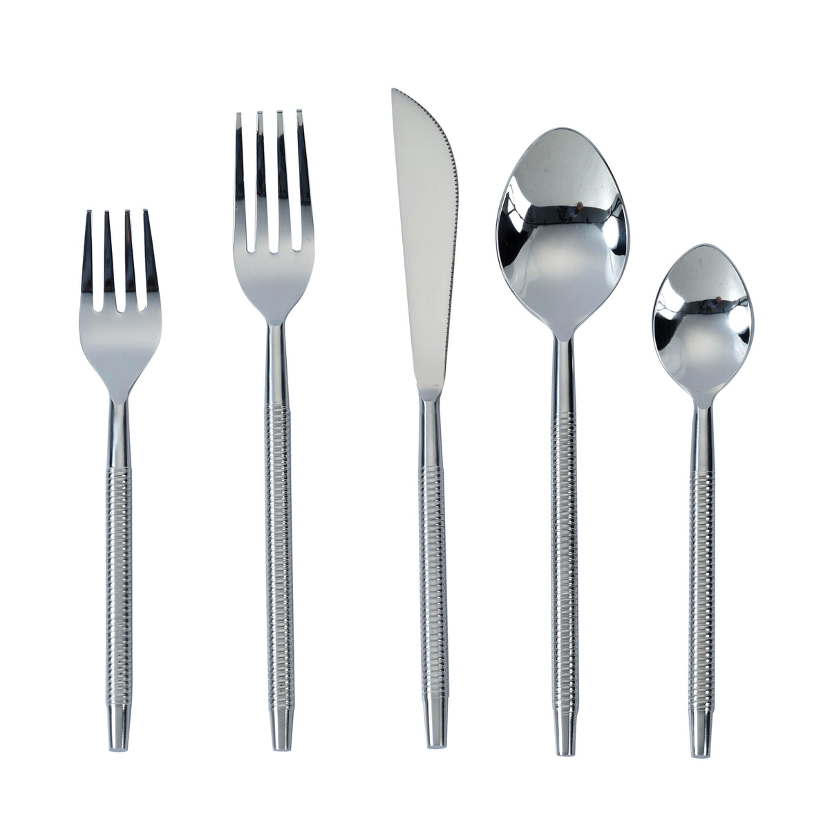 Ribbed Silver Stainless Steel Flatware - Set of 5 Pieces - Service For 1