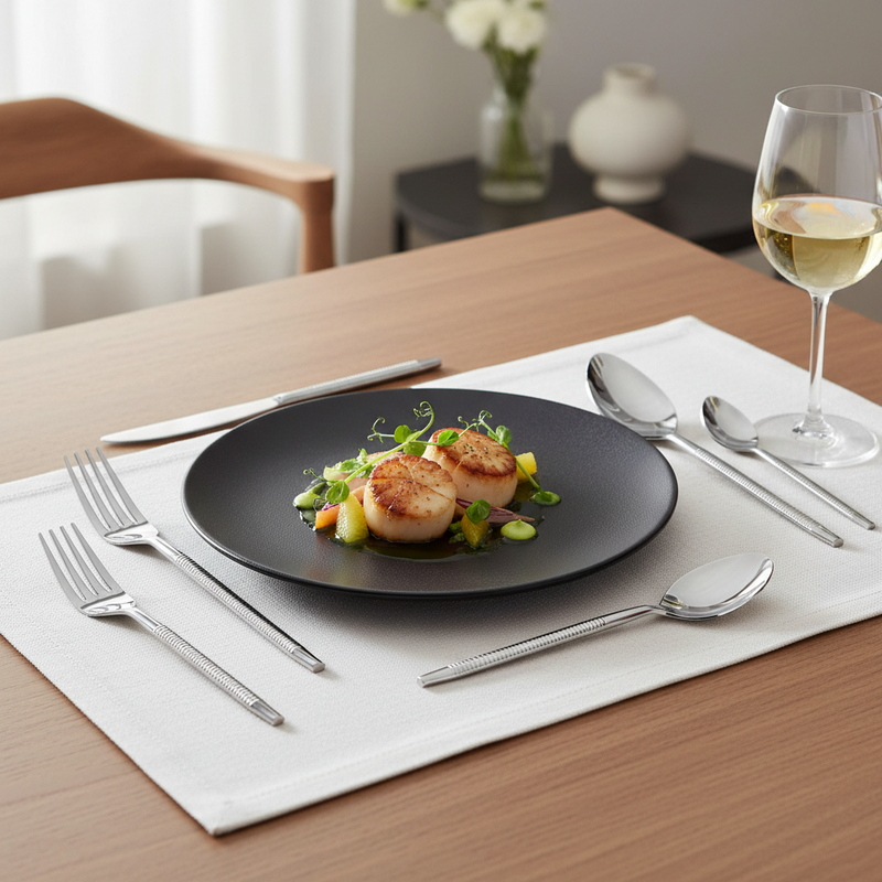 Ribbed Silver Stainless Steel Flatware - Set of 5 Pieces - Service For 1