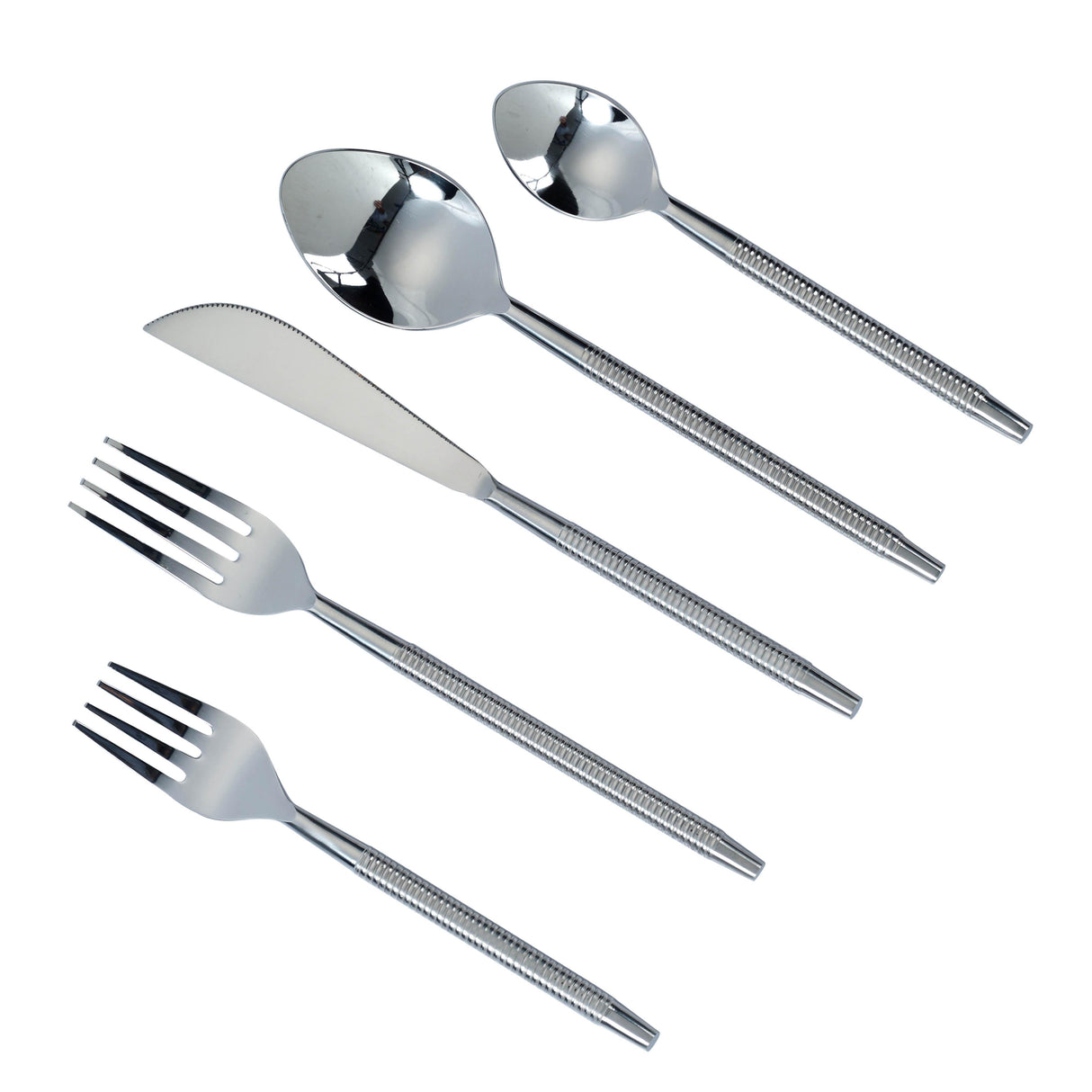 Ribbed Silver Stainless Steel Flatware - Set of 5 Pieces - Service For 1