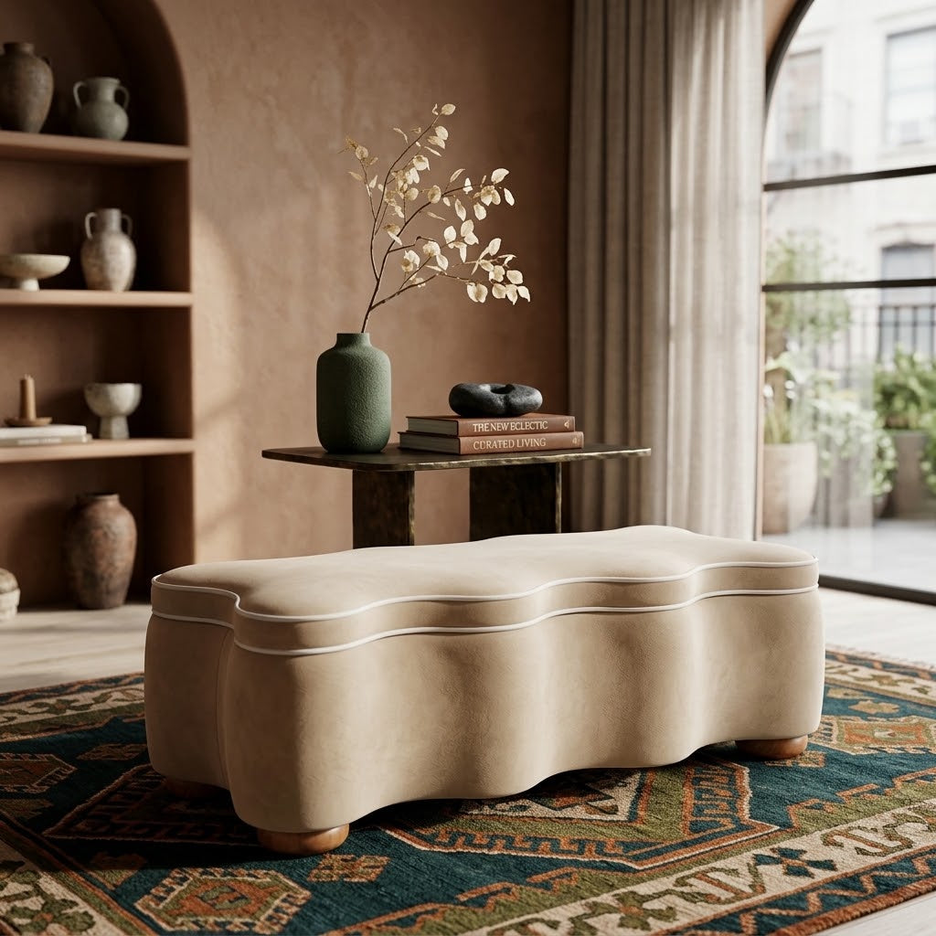 Thalia 48.5" Performance Velvet Storage Bench with Solid Wood Legs - Scalloped Contemporary & Hidden Seating