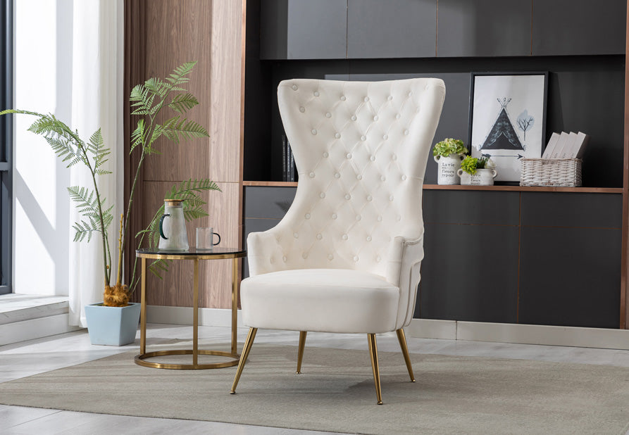 Close-up view of gold metal leg finish and chair base
