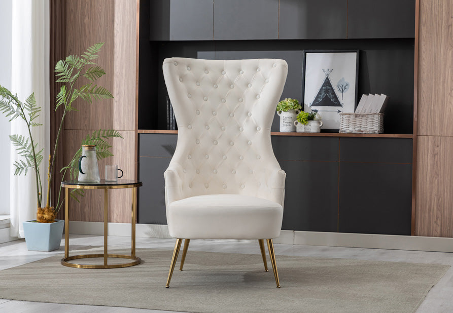 Gray velvet armchair with high back for ergonomic support