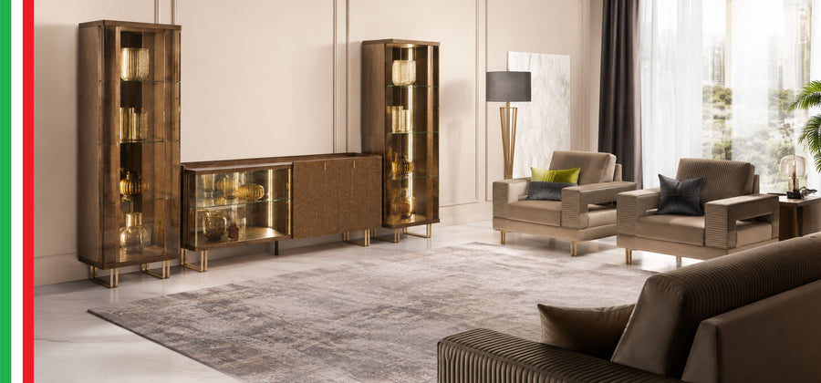 Fiamma Italian Entertainment Center by Arredoclassic - Buffet & 1-Door Chinas in High-Gloss Sycamore Walnut with Champagne Gold | Made in Italy