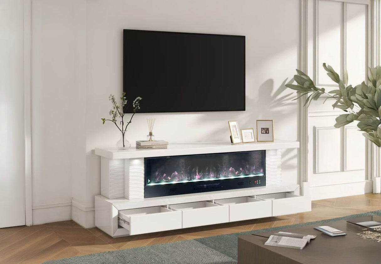 Contemporary fireplace TV console featuring wireless charging surface and Bluetooth speakers