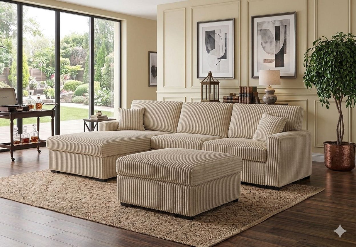 Close-up of the textured black corduroy upholstery and deep seating cushions of the FOAK sectional.