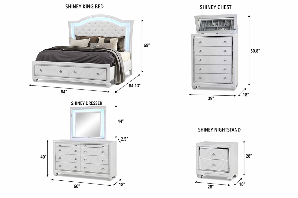 Shiney White Finish Bedroom Set with LED Headboard & Storage