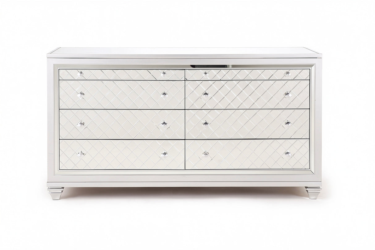 Shiney Silver Finish Bedroom Set with LED Headboard & Storage