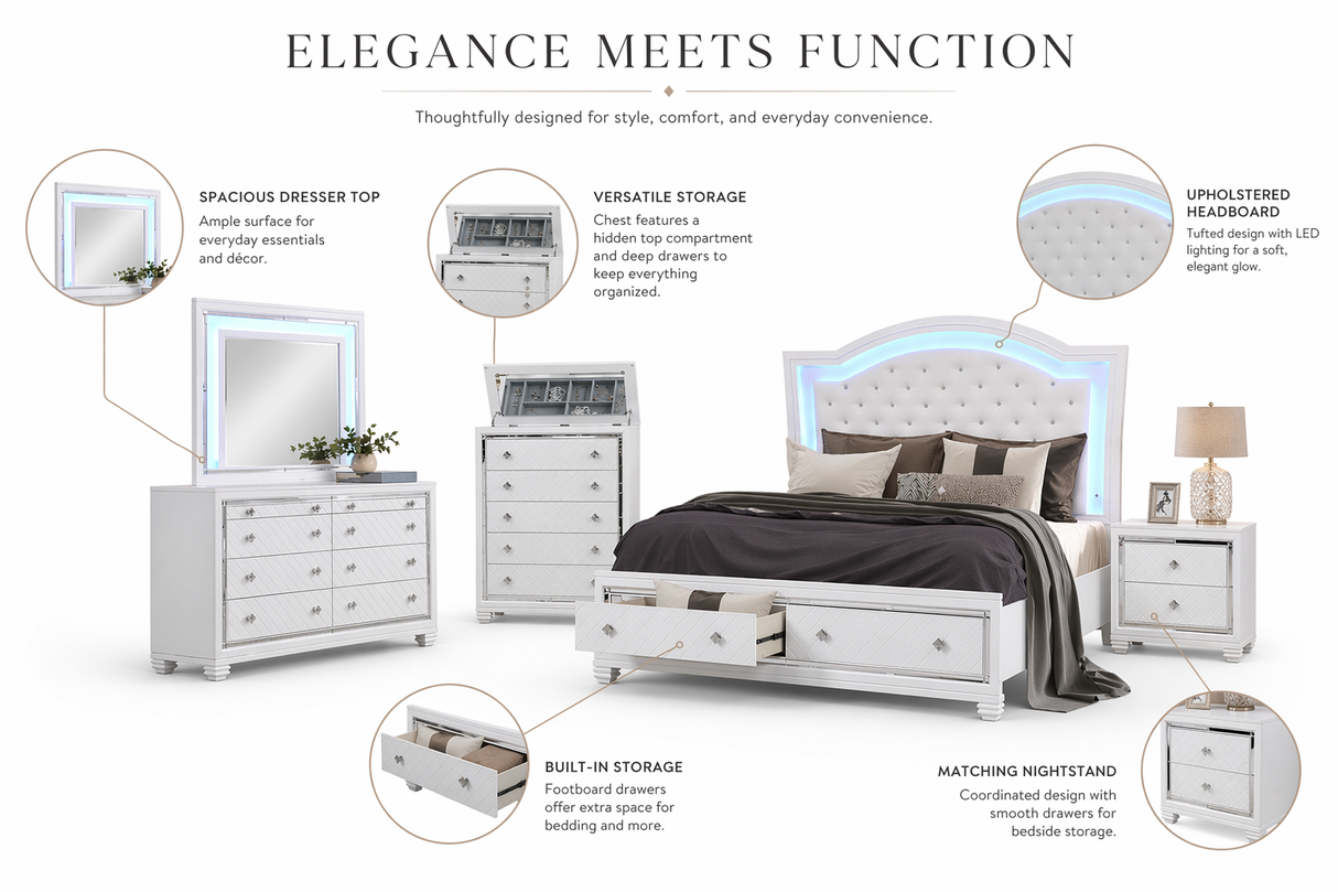 Shiney White Finish Bedroom Set with LED Headboard & Storage