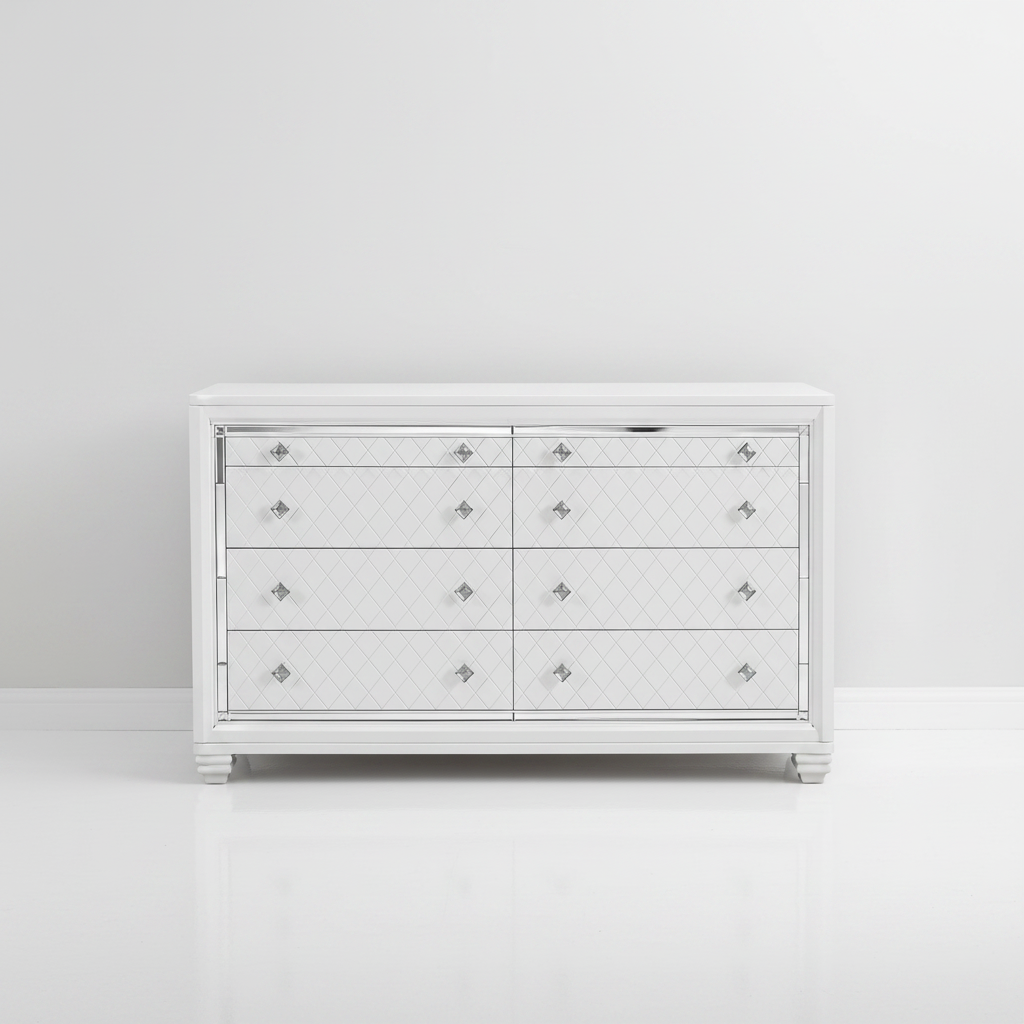 Shiney White Finish Bedroom Set with LED Headboard & Storage