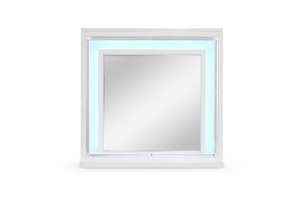 Shiney White Finish Bedroom Set with LED Headboard & Storage