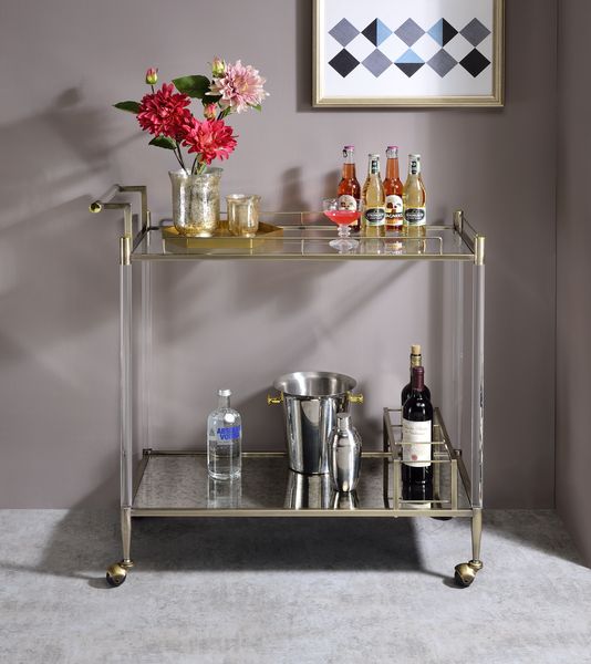Cirro 2-Tier Serving Cart - Antique Mirror Shelves & Wine Holder in Wire Brass