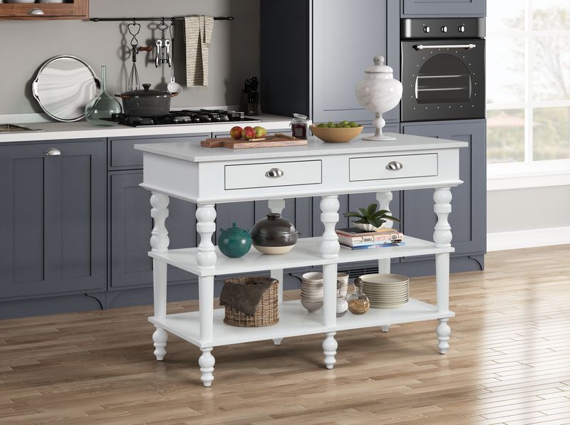 Rorratt Kitchen Island - Marble Top, 2 Drawers & Turned Legs in White