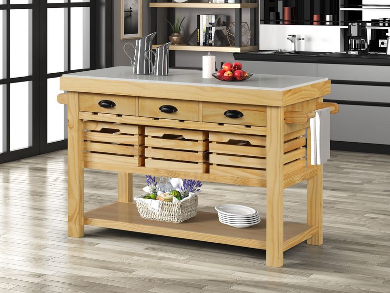 Grovaam Kitchen Island - Marble Top, 3 Drawers & 3 Pull-Out Baskets in Natural